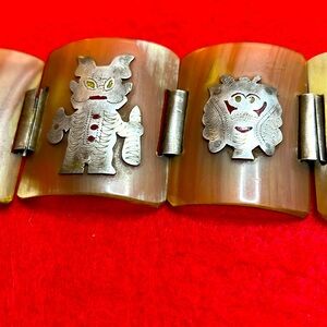 Peruvian Horn & Sterling Silver Panel Bracelet Indigenous People Motif